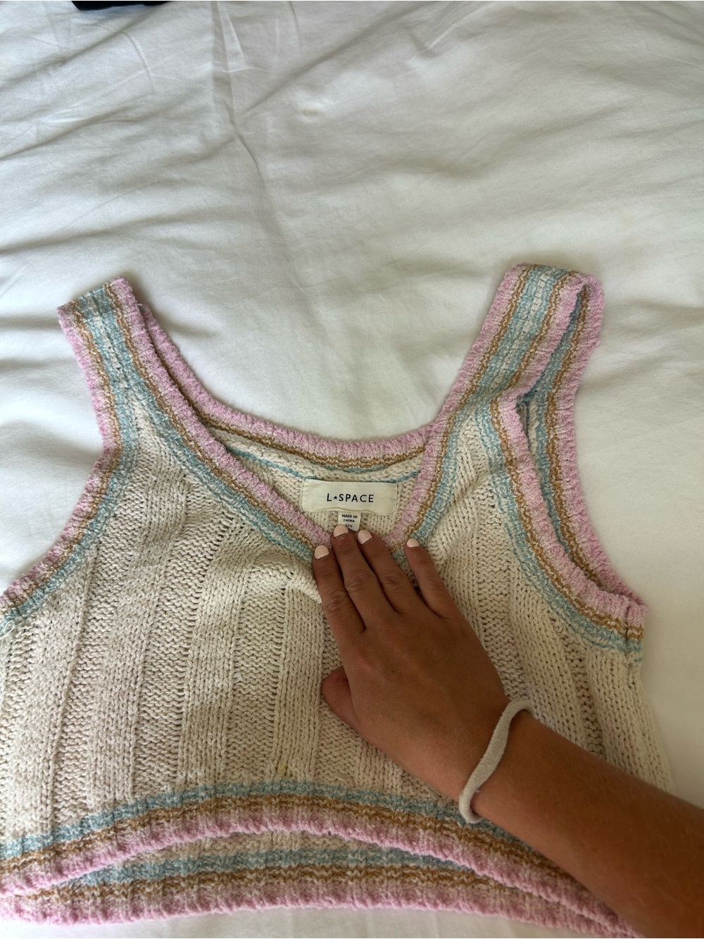 l*space Cream Cropped Knit Tank with Pink and Blue Trim